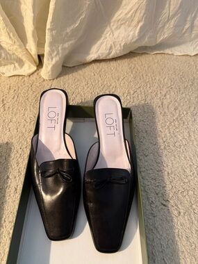 LOFT Black Leather Slip-On Mules with Bow Accent
